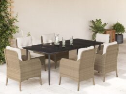 vidaXL 7 Piece Patio Dining Set with Cushions Beige Poly Rattan