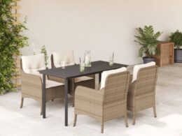 vidaXL 5 Piece Patio Dining Set with Cushions Beige Poly Rattan