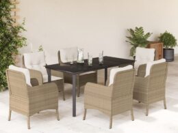 vidaXL 7 Piece Patio Dining Set with Cushions Beige Poly Rattan