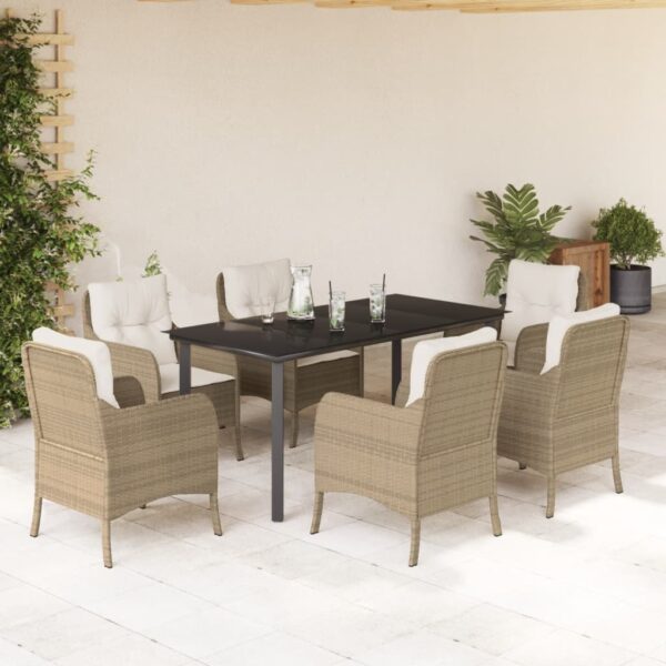 vidaXL 7 Piece Patio Dining Set with Cushions Beige Poly Rattan