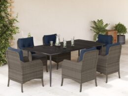 vidaXL 7 Piece Patio Dining Set with Cushions Gray Poly Rattan