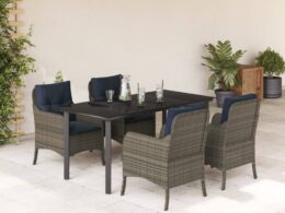 vidaXL 5 Piece Patio Dining Set with Cushions Gray Poly Rattan