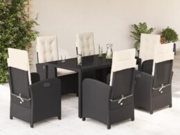 vidaXL 7 Piece Patio Dining Set with Cushions Black Poly Rattan