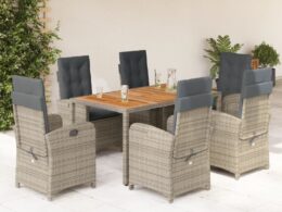 vidaXL 7 Piece Patio Dining Set with Cushions Gray Poly Rattan