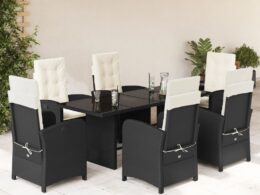 vidaXL 7 Piece Patio Dining Set with Cushions Black Poly Rattan