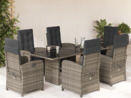 vidaXL 7 Piece Patio Dining Set with Cushions Gray Poly Rattan