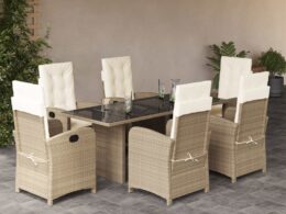 vidaXL 7 Piece Patio Dining Set with Cushions Beige Poly Rattan