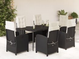 vidaXL 7 Piece Patio Dining Set with Cushions Black Poly Rattan