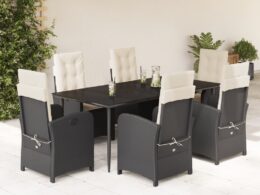 vidaXL 7 Piece Patio Dining Set with Cushions Black Poly Rattan