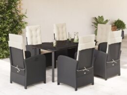 vidaXL 7 Piece Patio Dining Set with Cushions Black Poly Rattan
