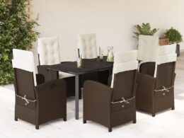 vidaXL 7 Piece Patio Dining Set with Cushions Brown Poly Rattan