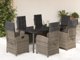 vidaXL 7 Piece Patio Dining Set with Cushions Gray Poly Rattan