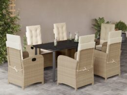 vidaXL 7 Piece Patio Dining Set with Cushions Beige Poly Rattan