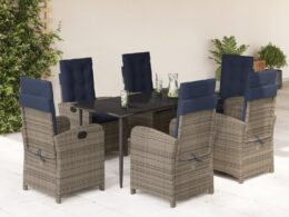 vidaXL 7 Piece Patio Dining Set with Cushions Gray Poly Rattan