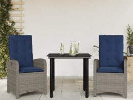 vidaXL 3 Piece Patio Dining Set with Cushions Gray Poly Rattan
