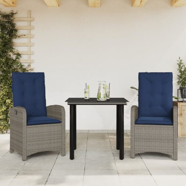 vidaXL 3 Piece Patio Dining Set with Cushions Gray Poly Rattan