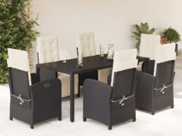 vidaXL 7 Piece Patio Dining Set with Cushions Black Poly Rattan