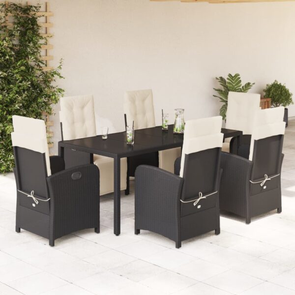 vidaXL 7 Piece Patio Dining Set with Cushions Black Poly Rattan