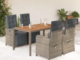 vidaXL 5 Piece Patio Dining Set with Cushions Gray Poly Rattan