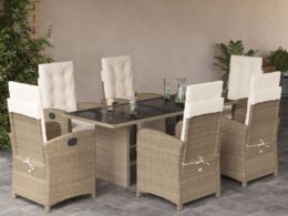 vidaXL 7 Piece Patio Dining Set with Cushions Beige Poly Rattan