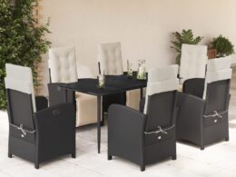 vidaXL 7 Piece Patio Dining Set with Cushions Black Poly Rattan