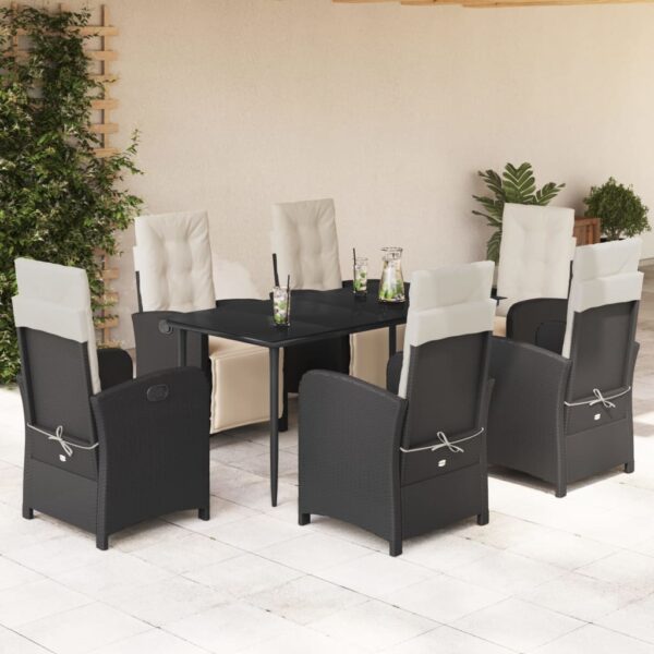 vidaXL 7 Piece Patio Dining Set with Cushions Black Poly Rattan