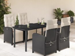 vidaXL 5 Piece Patio Dining Set with Cushions Black Poly Rattan