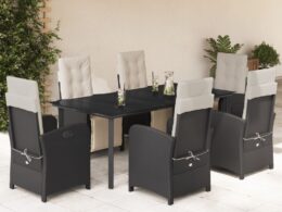 vidaXL 7 Piece Patio Dining Set with Cushions Black Poly Rattan