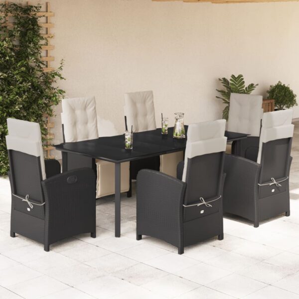 vidaXL 7 Piece Patio Dining Set with Cushions Black Poly Rattan