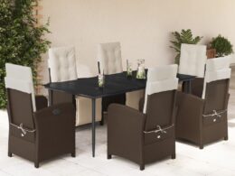 vidaXL 7 Piece Patio Dining Set with Cushions Brown Poly Rattan