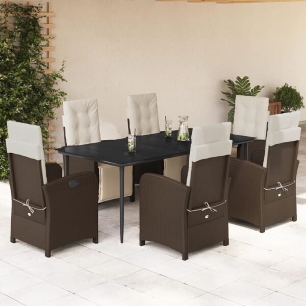 vidaXL 7 Piece Patio Dining Set with Cushions Brown Poly Rattan
