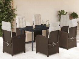 vidaXL 7 Piece Patio Dining Set with Cushions Brown Poly Rattan