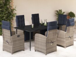 vidaXL 7 Piece Patio Dining Set with Cushions Gray Poly Rattan