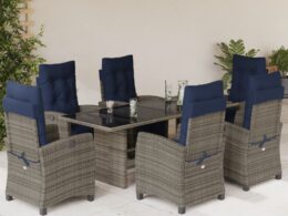 vidaXL 7 Piece Patio Dining Set with Cushions Gray Poly Rattan