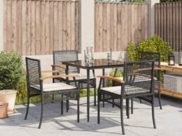 vidaXL 5 Piece Patio Dining Set with Cushions Black Poly Rattan