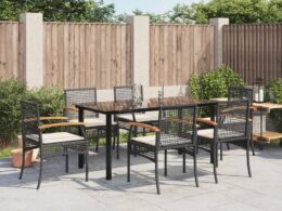 vidaXL 7 Piece Patio Dining Set with Cushions Black Poly Rattan