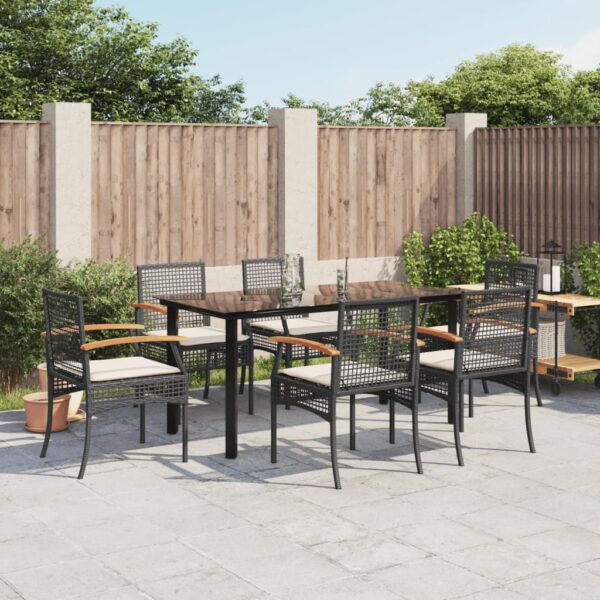 vidaXL 7 Piece Patio Dining Set with Cushions Black Poly Rattan