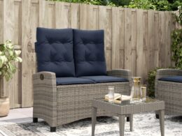 vidaXL Reclining Patio Bench with Cushions Gray Poly Rattan