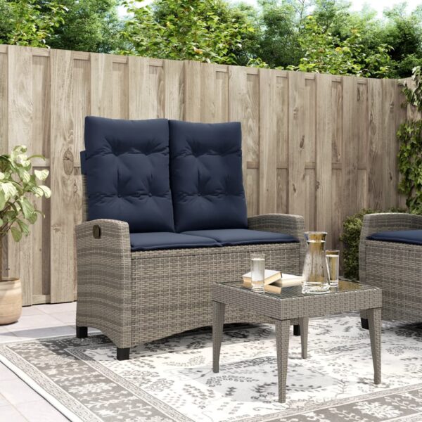 vidaXL Reclining Patio Bench with Cushions Gray Poly Rattan