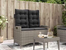 vidaXL Reclining Patio Bench with Cushions Gray Poly Rattan