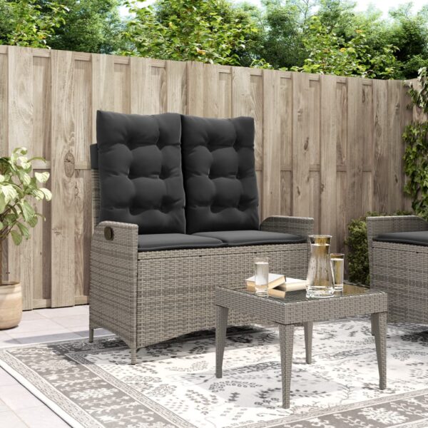 vidaXL Reclining Patio Bench with Cushions Gray Poly Rattan