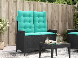 vidaXL Reclining Patio Bench with Cushions Black Poly Rattan