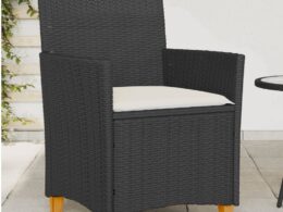 vidaXL Patio Chairs with Cushions 2 pcs Black Poly Rattan&Solid Wood