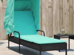 vidaXL Sun Lounger with Canopy Black Poly Rattan