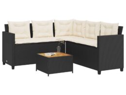 vidaXL Patio Sofa with Table and Cushions L-shaped Black Poly Rattan