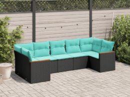 vidaXL 7 Piece Patio Sofa Set with Cushions Black Poly Rattan