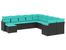 vidaXL 11 Piece Patio Sofa Set with Cushions Black Poly Rattan