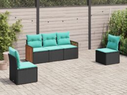 vidaXL 5 Piece Patio Sofa Set with Cushions Black Poly Rattan