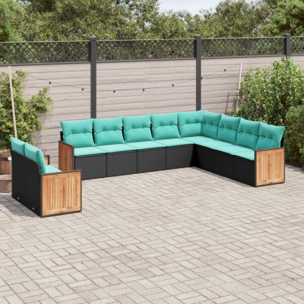 vidaXL 10 Piece Patio Sofa Set with Cushions Black Poly Rattan