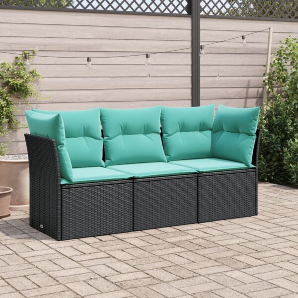 vidaXL 3 Piece Patio Sofa Set with Cushions Black Poly Rattan